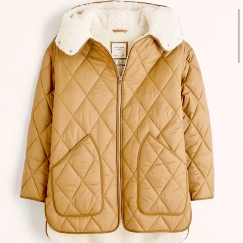 NWT Abercrombie & Fitch Quilted Sherpa Liner Jacket Coat Koniak Tan Khaki S M
